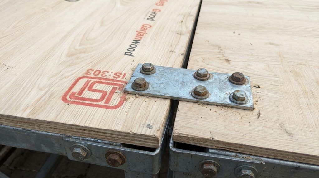 Bolted plywood joints for a reusable wedding stage platform