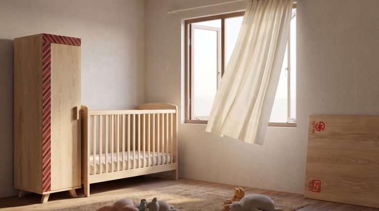 Nursery furniture and a ventilated room, showing plywood formaldehyde safe choices