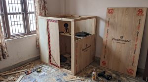 Plywood podcast booth showing home studio plywood Nepal creators can build